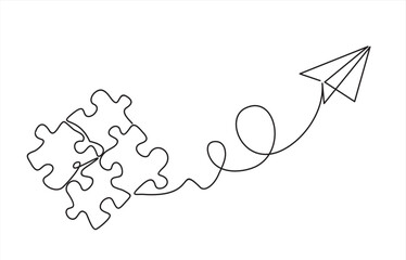 Continuous one line drawing of a groupe piece jigsaw and paper plane on a white background. Puzzle game symbol and iconic business metaphor for problem solving, solution and strategy.