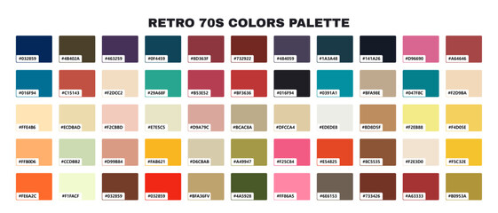 Retro color guide palette in trendy 70s style. Color palette with code.Vector illustration
