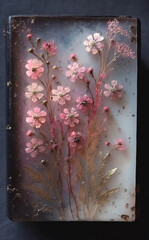 Tiny delicate pink and gold flowers vintage decorative wall Encaustic style art. Generative AI