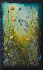 Purple yellow and green meadow flowers vintage decorative wall Encaustic style art. Generative AI