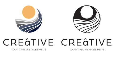 Modern clean and simple sun and wave zen circle logo with yellow, orange and blue gradient. Artistic zen company logo great for massage, spa, surfing, beach and water adventure.