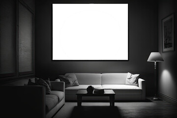 Blank white picture/art frame in a dark living room. Mock up template for Design or product placement created using generative AI tools