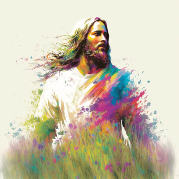 Jesus in a field with flowers, watercolor illustration, AI generation