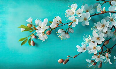 Dreamy cherry blossoms as a natural border,on blue background. Cherry flowers in small clusters on a cherry tree branch on blue background with copyspace. Generative Ai