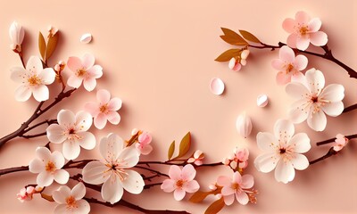 Obraz na płótnie Canvas Dreamy cherry blossoms as a natural border,on pink background. Cherry flowers in small clusters on a cherry tree branch on pink background with copyspace. Generative Ai