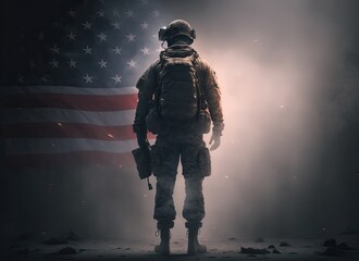 4th of July concep. portrait of A soldier in front of a flag of the USA. The soldier with the gun in front of a flag. portrait soldie standing in front of usa flag. Non-existent person. Generative Ai	