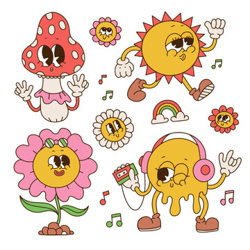 Set of retro cartoon characters with face expressions. Retro groovy contour graphic flowers, mushroom, melting yellow emoji, sun. Vintage 70s style stickers. Cute colorful vector illustration.
