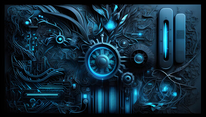alien technology, the background image is a combination of blue and black. the style combining technology and natural elements.