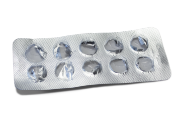 Empty packaging of pills on transparent PNG background.