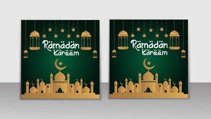Ramadan social media post template design. Islamic background with  Green and golden color style. Editable and Vector mosque Illustration . 
