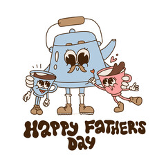 Greeting Card with Happy Father's Day vintage lettering Text in Retro Groovy Style. Moustached kettle retro character dad with cups children. Nostalgic poster with mascots. Vector contour Illustration