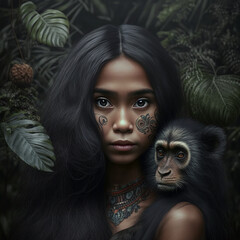 Ethnic dark haired woman with ornamental tattoos on skin and monkey over shoulder standing in tropical garden with green exotic plants while looking at camera generative AI illustration