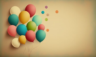  a bunch of colorful balloons floating in the air with a beige background with a faded out back dropping off the top of the balloon.  generative ai