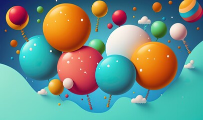  a bunch of balloons floating in the air with a blue background and a blue sky with clouds and stars in the background and a blue sky with white clouds.  generative ai
