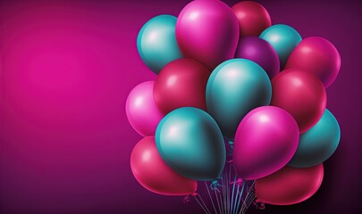  a bunch of balloons are in the air on a purple and pink background with space for text or a caption for a special occasion.  generative ai