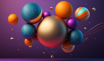  a bunch of balloons floating in the air with stars around them on a purple and blue background with a purple background and a purple background.  generative ai