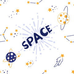 Seamless pattern with space and set of space elements in doodle style, planets, stars, constellations, flying saucers	