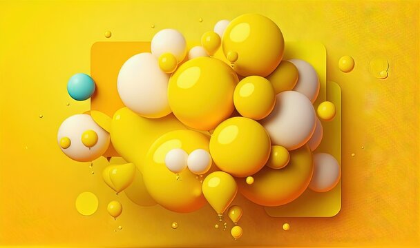  a yellow background with a bunch of balloons floating in the air and a blue ball in the middle of the image and a yellow rectangle in the middle of the photo.  generative ai