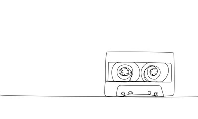 Audio cassette, tape one line art. Continuous line drawing of play, tape, song, cassette, audio, fix, group, classic, music, multimedia, strip, retro, reel, vintage, nostalgia, 80s, disco, 90s