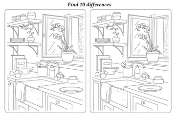 Find 10 differences. Household items in the interior of the kitchen. Black and white illustration. Coloring. - obrazy, fototapety, plakaty