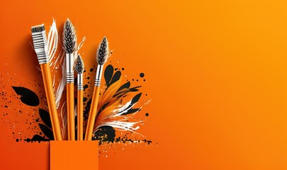  a group of toothbrushes sitting on top of an orange box with paint splatters on it and a splash of black and white paint.  generative ai