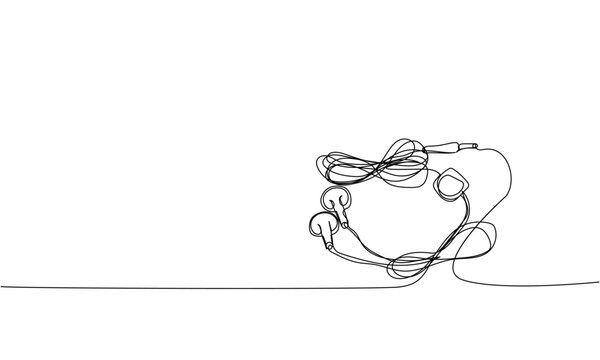 Headphones, earphones one line art. Continuous line drawing of music, headphone, headset, portable, sound, audio, hear, dj, listen, listening, ear, electronic, mobile, relax, radio