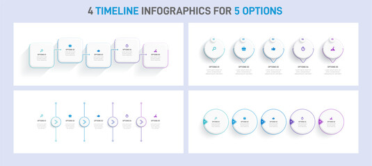 Fototapeta na wymiar Timeline infographic set with infochart. Modern presentation template with 5 spets for business process collection. Website template on white background for concept modern design. Horizontal layout.