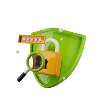 3D shield icon, authentication secure lock password render concept, secret personal data protection. Antivirus badge, internet fraud security safe clipart, PIN entry field. 3D shield padlock design