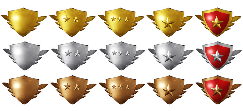 Gold silver bronze shield 3D set, realistic metal trophy, medieval award kit, level up game badge. RPG reward medal, knight defence armour, success sign, guarantee star emblem. Golden shield asset