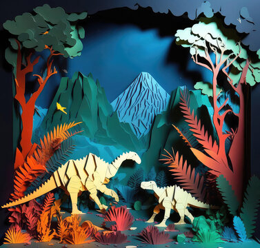 Papercut Dinosaur Cutout Diorama. Prehistoric Woods Illustration. Colorful Children Design. Generative AI