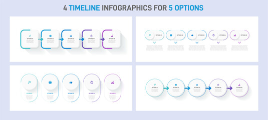 Timeline infographic set with infochart. Modern presentation template with 5 spets for business process collection. Website template on white background for concept modern design. Horizontal layout.