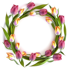 Round frame made of tulips. AI generative.