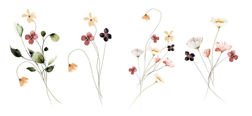 Watercolor Midsummer bouquets collection with hand painted delicate leaves, flowers. Romantic floral arrangements perfect for wedding greeting cards, invitation. High quality illustration