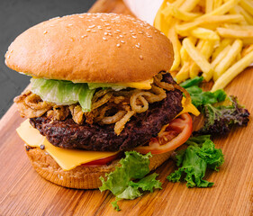 burger with onion chips and fries