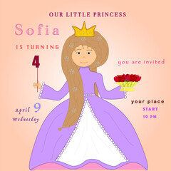 Kids birthday party invitation card with cute little princess and flowers. Editable vector illustration with sample text