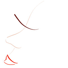 female face features with long eyelashes and red lips, outline on white background