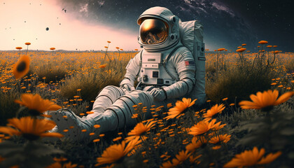 astronaut sitting in a flower field wallpaper - Generative AI