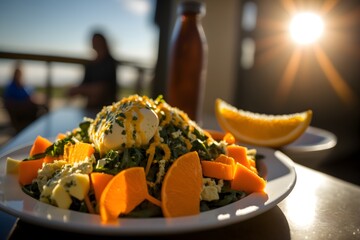 A plate of food with a sunset in the background made with generative AI