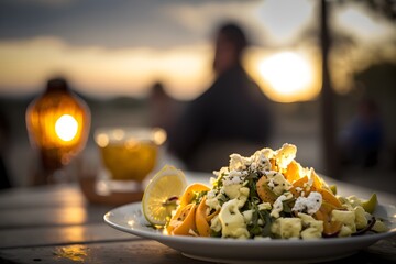 A plate of food with a sunset in the background made with generative AI