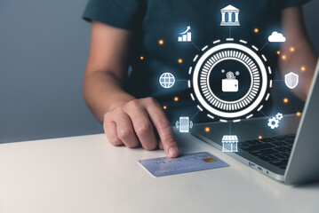 Businessman with virtual screen online banking or virtual bank concept, business global internet connection application technology and digital marketing, financial, fintech, money transaction.