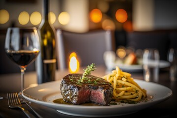 A steak on a plate with a glass of wine in the background made with generative AI