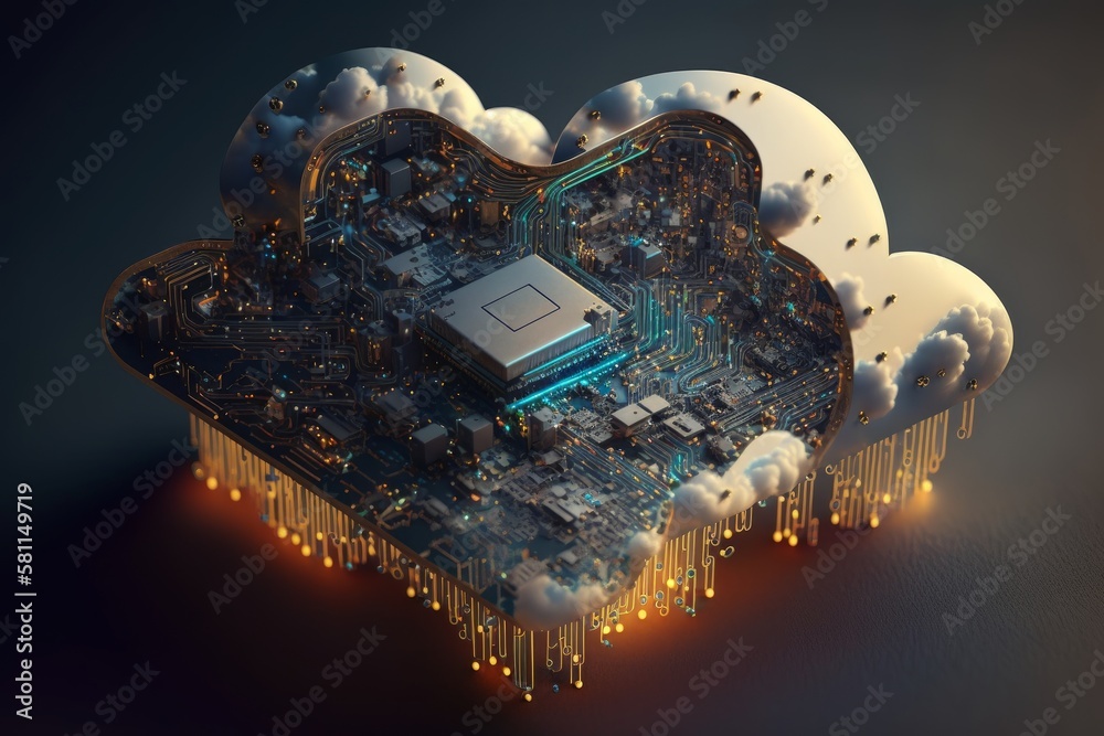 Poster cloud computing concept. generative ai illustration of cloud computing with circuit board