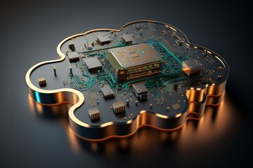 Cloud computing technology concept. Generative AI illustration of computer circuit board over dark background