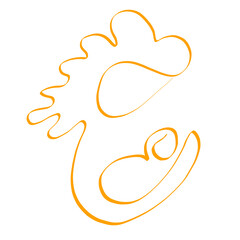 loving mom holds a newborn baby on her hand, abstract yellow outline on a white background