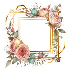 Watercolor square frame of roses and gold lines on a white background. AI generative.