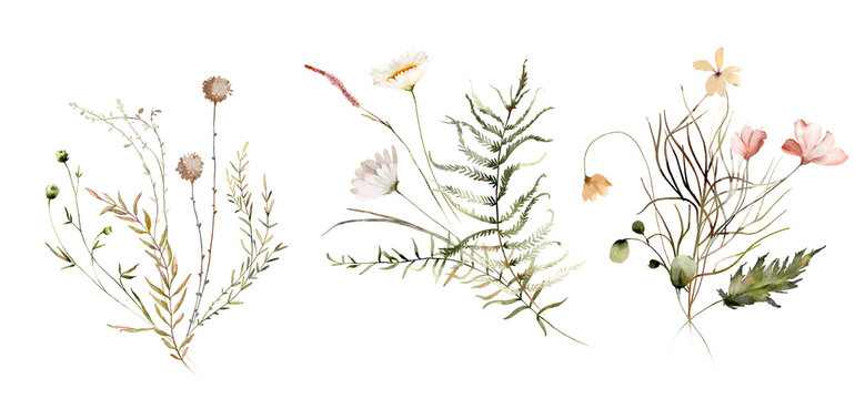 Watercolor Midsummer bouquets collection with hand painted delicate leaves, flowers. Romantic floral arrangements perfect for wedding greeting cards, invitation. High quality illustration