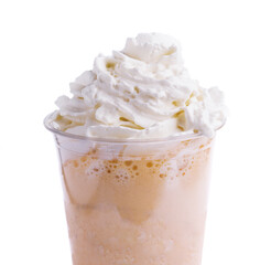 Chocolate milkshake with whipped cream on white