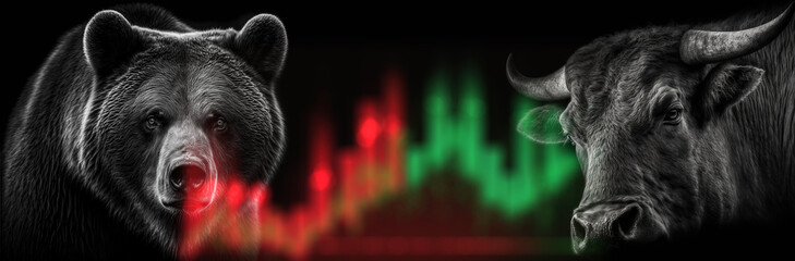 Bullish and bearish market illustration. Bull vs Bear for Stock Marketing or Financial Investment. digital art