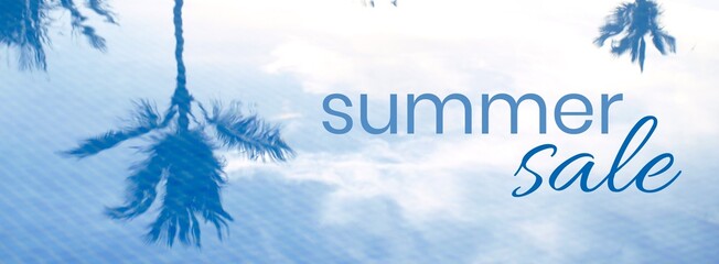 Naklejka na ściany i meble Summer sale banner with water swimming pool palm tree reflection holiday typography text blue modern wallpaper background design for promotion for online website shop marketing tool social media ad