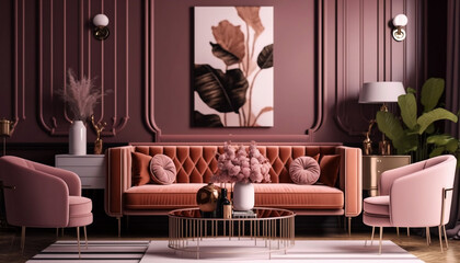 Art Deco Warm Pink Living Room Rendered in Cycles 3D with Velvet Couch, Generative AI
